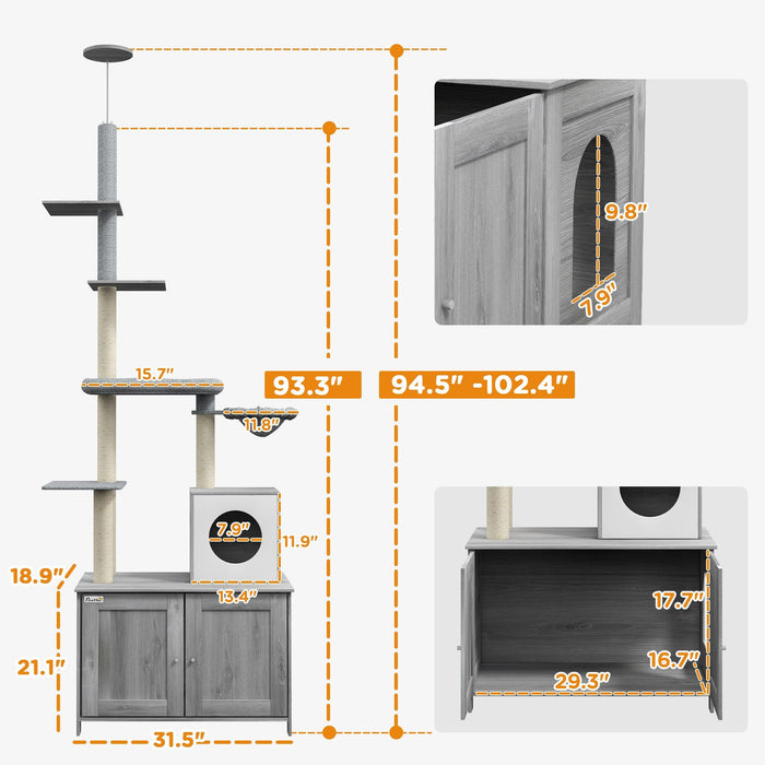 Cat Tree with Litter Box Enclosure, 2 in 1 Floor to Ceiling Cat Tower Litter Box Furniture with Condo, Bed, Hammock, Scratching Posts, and Platforms for Indoor Use, Gray - DTYStore
