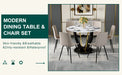 Table and chair set.42 Inch Diameter Round Tempered Glass Pandora marble patterned Dining Table - V-Shaped MDF Legs.Paired With 6 Gray Artificial PU Chairs With Curved Widened Cushion Design. - DTYStore