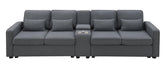 114.2" Upholstered Sofa with Console, 2 Cupholders and 2 USB Ports Wired or Wirelessly Charged, Modern Linen Fabric Couches with 4 Pillows for Living Room, Apartment (4-Seat)