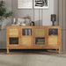 Retro 4-Door Sideboard with Large Storage Space Artificial Rattan Doors and Transparent Glass, Accent Cabinet for Entryway Dining Room Kitchen Living Room,(Antique Brown) - DTYStore