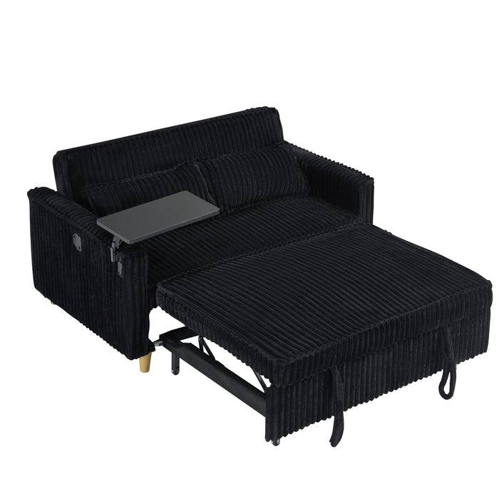 The pull-out and push-in black corduroy sofa with dual functions, equipped with a movable tabletop and USB ports, is suitable for use in living rooms and bedrooms.