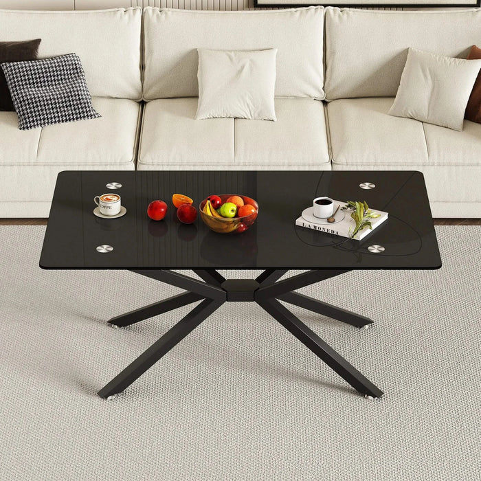 39.37' Rectangle Black Glass Coffee Table,Stylish Design with Black Metal Legs, Coffee Table for Living Room Default -DTYStore
