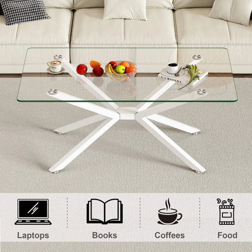 39.37' Rectangle Clear Glass Glass Coffee Table,Stylish Design with White Metal Legs, Coffee Table for Living Room Default -DTYStore