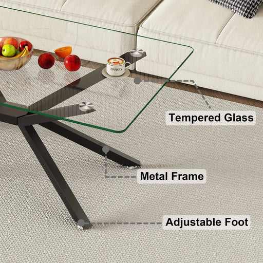 39.37' Rectangular Clear Tempered Glass Coffee Table,Stylish Design with Black Metal Legs, Coffee Table for Living Room Default -DTYStore