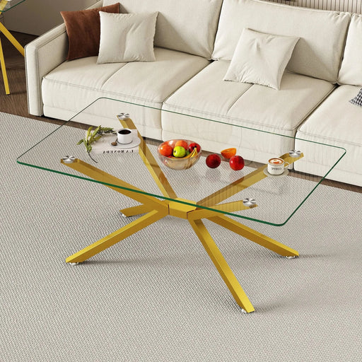 39.37' Rectangular Clear Tempered Glass Coffee Table,Stylish Design with Gold Metal Legs, Coffee Table for Living Room Default -DTYStore