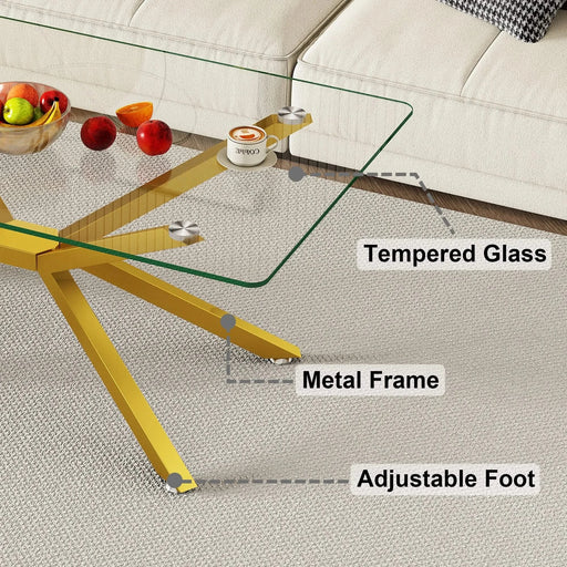 39.37' Rectangular Clear Tempered Glass Coffee Table,Stylish Design with Gold Metal Legs, Coffee Table for Living Room Default -DTYStore