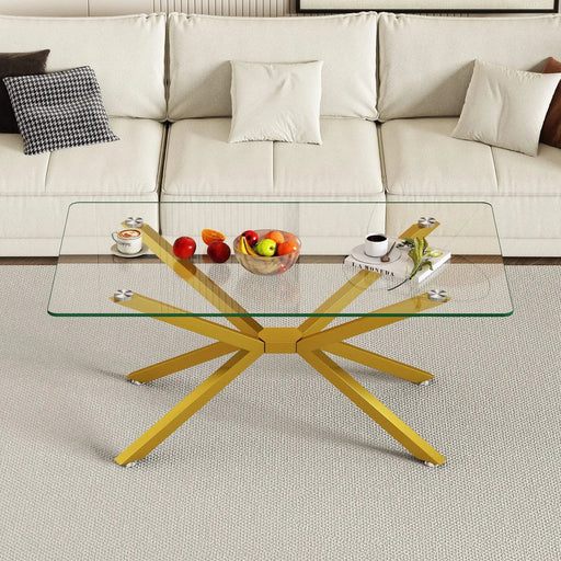 39.37' Rectangular Clear Tempered Glass Coffee Table,Stylish Design with Gold Metal Legs, Coffee Table for Living Room Default -DTYStore
