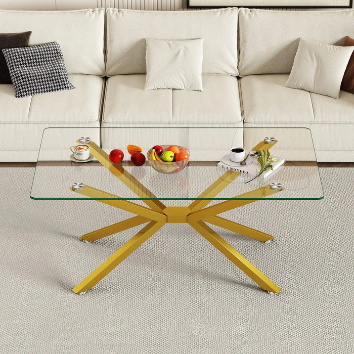 39.37' Rectangular Clear Tempered Glass Coffee Table,Stylish Design with Gold Metal Legs, Coffee Table for Living Room Default -DTYStore
