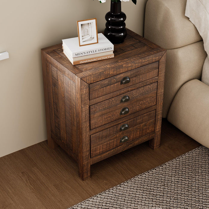 Rustic Farmhouse Style Three-Drawer Solid Pine Wood Nightstand with Cup Pulls and Integrated Charge Station - DTYStore
