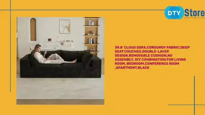 39.8' Cloud Sofa,Corduroy Fabric,Deep Seat Couches,Double-layer design,Removable Cushion,No Assembly, DIY Combination for Living room, Bedroom,Conference room ,Apartment,Black Default -DTYStore