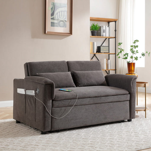 55' Velvet Two Seater Pull Out Sofa Bed, Adjustable Backrest With  USB Ports, Two Side Pockets, 3 in 1 Convertible Sleeper Sofa Bed, Modern Love Seat Lounge,2 waist pillows for living rooms,GREY