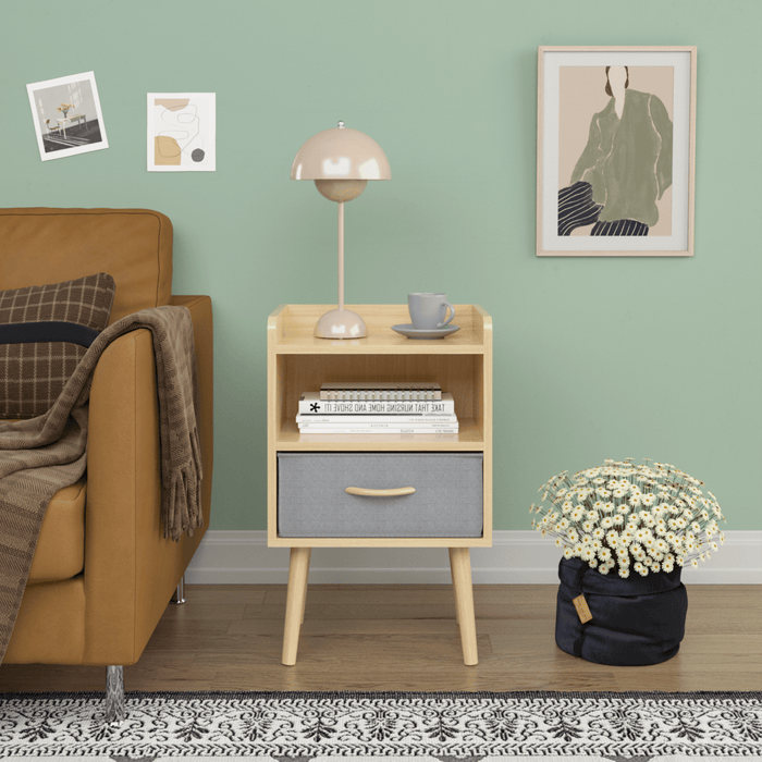 Nightstand With Collapsible Fabric Drawer, 2-Tier Storage End Table, Wood Side Table with Storage Cabinet or Kids, Adults - Oak - DTYStore