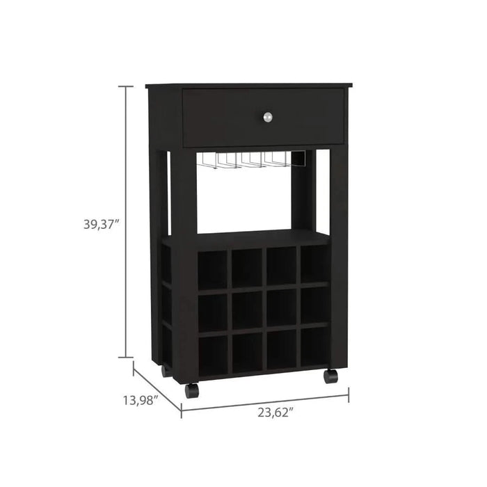 39' H black bar- coffee cart, Kitchen or living room cabinet storage, with 12 bottle racks, a central shelf with 1 Cup holders, 1 drawer ideal for storing small things Default -DTYStore