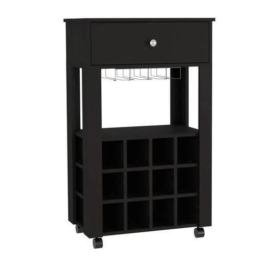39' H black bar- coffee cart, Kitchen or living room cabinet storage, with 12 bottle racks, a central shelf with 1 Cup holders, 1 drawer ideal for storing small things Default -DTYStore