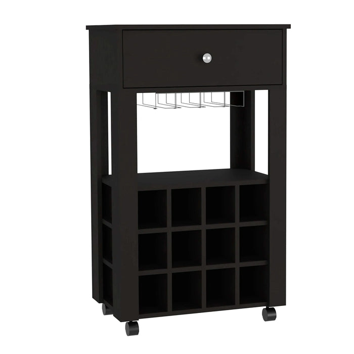 39' H black bar- coffee cart, Kitchen or living room cabinet storage, with 12 bottle racks, a central shelf with 1 Cup holders, 1 drawer ideal for storing small things Default -DTYStore