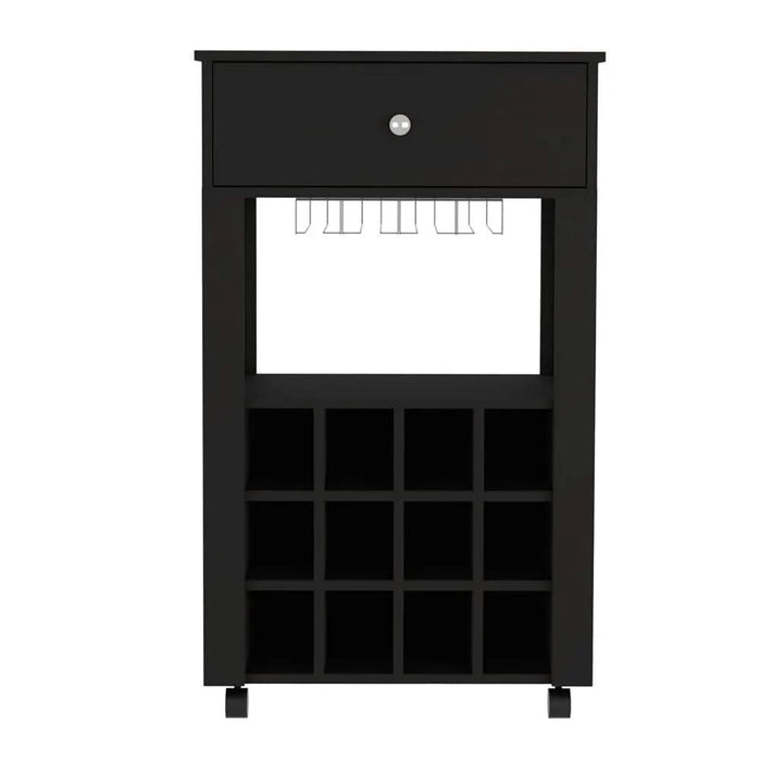 39' H black bar- coffee cart, Kitchen or living room cabinet storage, with 12 bottle racks, a central shelf with 1 Cup holders, 1 drawer ideal for storing small things Default -DTYStore