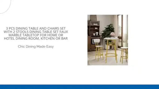 3 Pcs Dining Table and Chairs Set with 2 Stools Dining Table Set Faux Marble Tabletop for Home or Hotel Dining Room, Kitchen or Bar Default -DTYStore