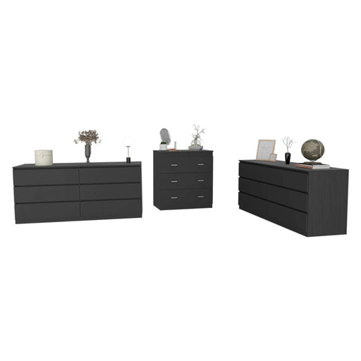 3 Piece Bedroom Set, 2 Cocora 6 Drawer Double Dressers + Capri Three Drawer Dresser, Black Default -DTYStore