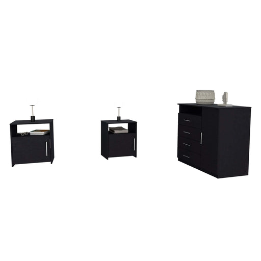 3 Piece Bedroom Set, Rioja 4 Drawer Dresser + 2 Omaha Nightstands, Black Default -DTYStore