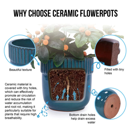 3 Pieces Ceramic Flowerpot, Modern Indoor Outdoor Planter for Garden & Patio - Antique Blue Default -DTYStore