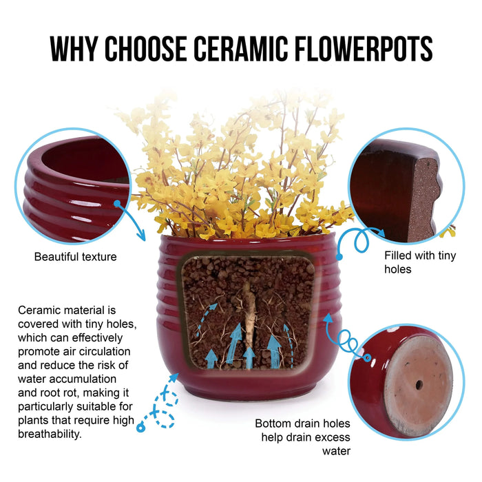 3 Pieces Ceramic Flowerpot, Modern Planter for Patio, Garden or Windowsills - Bean Paste Red Default -DTYStore