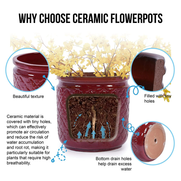 3 Pieces Ceramic Flowerpot, Modern Planter for Patio, Garden or Windowsills - Bean Paste Red Default -DTYStore