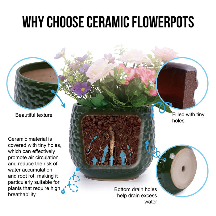 3 Pieces Ceramic Flowerpot, Modern Planter for Patio, Garden or Windowsills - Dark Green Default -DTYStore