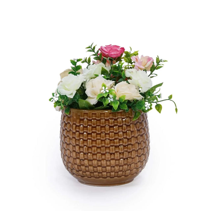 3 Pieces Ceramic Flowerpot, Modern Planter for Patio, Garden or Windowsills - Orange & Dark Brown Default -DTYStore