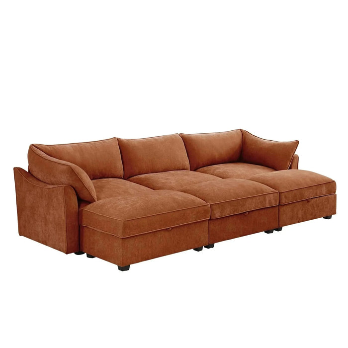 3 Seater Sofa With 3 Ottomans, Wide and Deep Seat 3-Seat Home Theater Sleeper Sofa for Living Room,Modular Sectional Sofa with Storage Pull out Drawer Under Each SeatChenille Orange -DTYStore