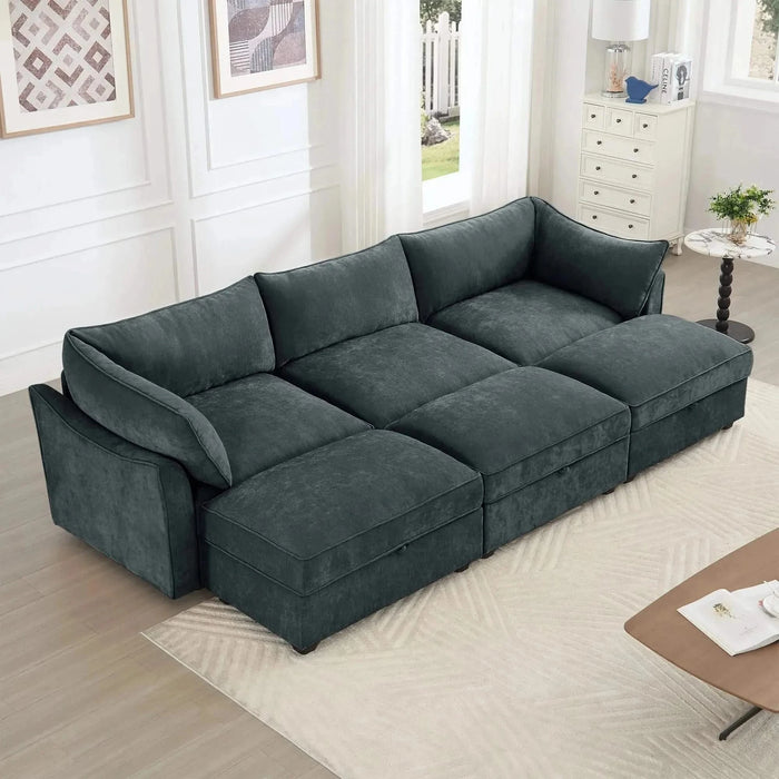3 Seater Sofa With 3 Ottomans, Wide and Deep Seat 3-Seat Home Theater Sleeper Sofa for Living Room,Modular Sectional Sofa with Storage Pull out Drawer Under Each SeatChenille Gray -DTYStore
