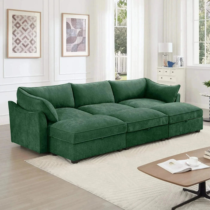 3 Seater Sofa With 3 Ottomans, Wide and Deep Seat 3-Seat Home Theater Sleeper Sofa for Living Room,Modular Sectional Sofa with Storage Pull out Drawer Under Each SeatChenille Green -DTYStore