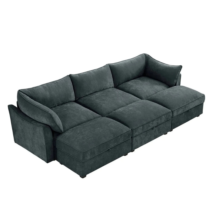 3 Seater Sofa With 3 Ottomans, Wide and Deep Seat 3-Seat Home Theater Sleeper Sofa for Living Room,Modular Sectional Sofa with Storage Pull out Drawer Under Each SeatChenille Gray -DTYStore