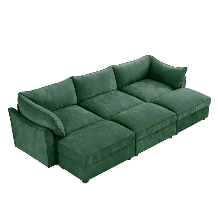 3 Seater Sofa With 3 Ottomans, Wide and Deep Seat 3-Seat Home Theater Sleeper Sofa for Living Room,Modular Sectional Sofa with Storage Pull out Drawer Under Each SeatChenille Green -DTYStore