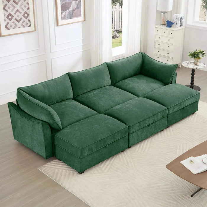 3 Seater Sofa With 3 Ottomans, Wide and Deep Seat 3-Seat Home Theater Sleeper Sofa for Living Room,Modular Sectional Sofa with Storage Pull out Drawer Under Each SeatChenille Green -DTYStore