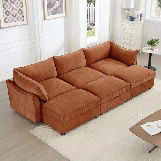 3 Seater Sofa With 3 Ottomans, Wide and Deep Seat 3-Seat Home Theater Sleeper Sofa for Living Room,Modular Sectional Sofa with Storage Pull out Drawer Under Each SeatChenille Orange -DTYStore