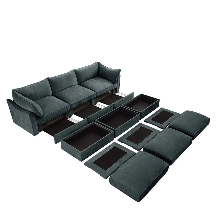 3 Seater Sofa With 3 Ottomans, Wide and Deep Seat 3-Seat Home Theater Sleeper Sofa for Living Room,Modular Sectional Sofa with Storage Pull out Drawer Under Each SeatChenille Gray -DTYStore