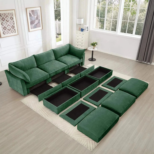 3 Seater Sofa With 3 Ottomans, Wide and Deep Seat 3-Seat Home Theater Sleeper Sofa for Living Room,Modular Sectional Sofa with Storage Pull out Drawer Under Each SeatChenille Green -DTYStore