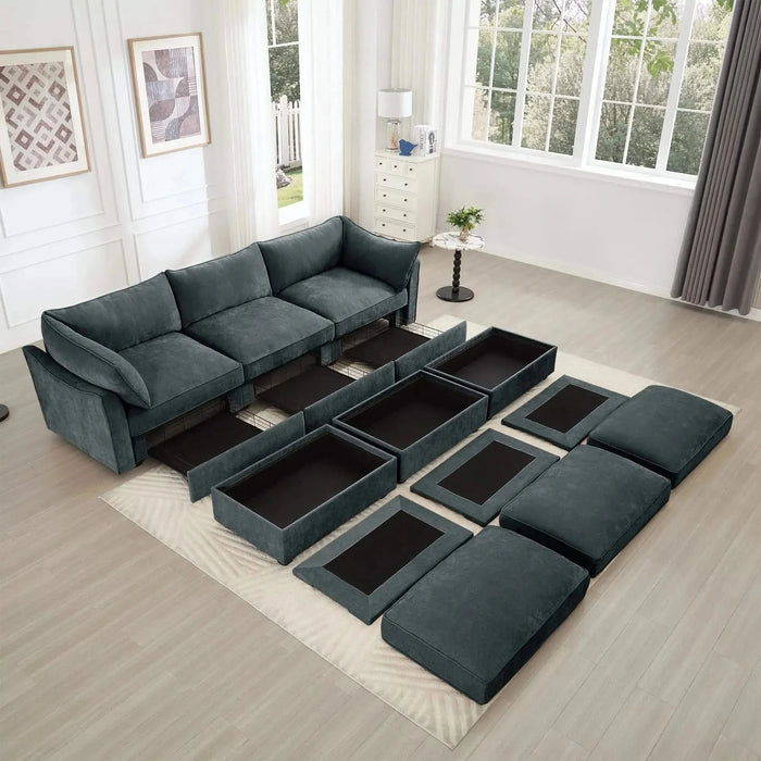 3 Seater Sofa With 3 Ottomans, Wide and Deep Seat 3-Seat Home Theater Sleeper Sofa for Living Room,Modular Sectional Sofa with Storage Pull out Drawer Under Each SeatChenille Gray -DTYStore