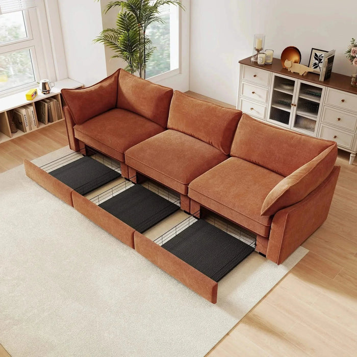 3 Seater Sofa With Storage Pull out Drawers Under Each Seat, ,3 - Seat Large Wide And Deep Seat Sofa with Excellent Storage Space, Suitable for Big Living Rooms, Chenille Orange Orange -DTYStore