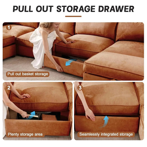 3 Seater Sofa With Storage Pull out Drawers Under Each Seat, ,3 - Seat Large Wide And Deep Seat Sofa with Excellent Storage Space, Suitable for Big Living Rooms, Chenille Orange Orange -DTYStore