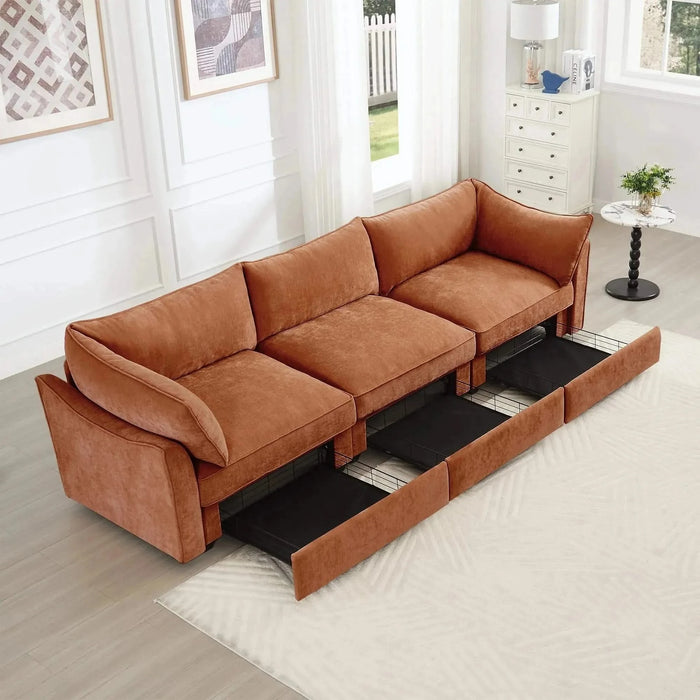 3 Seater Sofa With Storage Pull out Drawers Under Each Seat, ,3 - Seat Large Wide And Deep Seat Sofa with Excellent Storage Space, Suitable for Big Living Rooms, Chenille Orange Orange -DTYStore