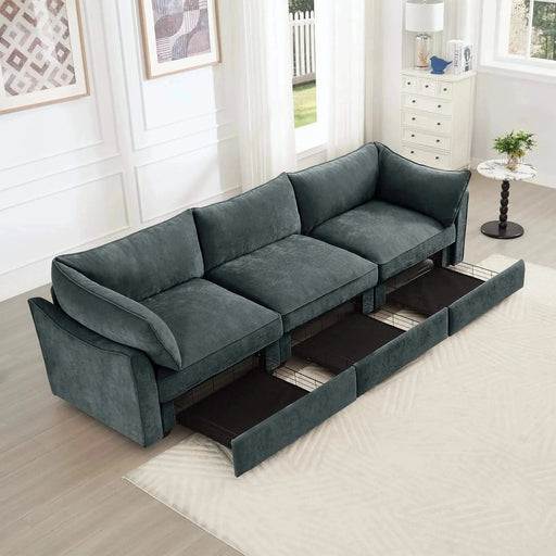 3 Seater Sofa With Storage Pull out Drawers Under Each Seat, ,3 - Seat Large Wide And Deep Seat Sofa with Excellent Storage Space, Suitable for Big Living Rooms, Chenille Orange Gray -DTYStore