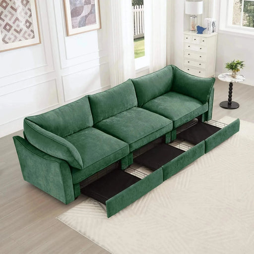 3 Seater Sofa With Storage Pull out Drawers Under Each Seat, ,3 - Seat Large Wide And Deep Seat Sofa with Excellent Storage Space, Suitable for Big Living Rooms, Chenille Orange Green -DTYStore