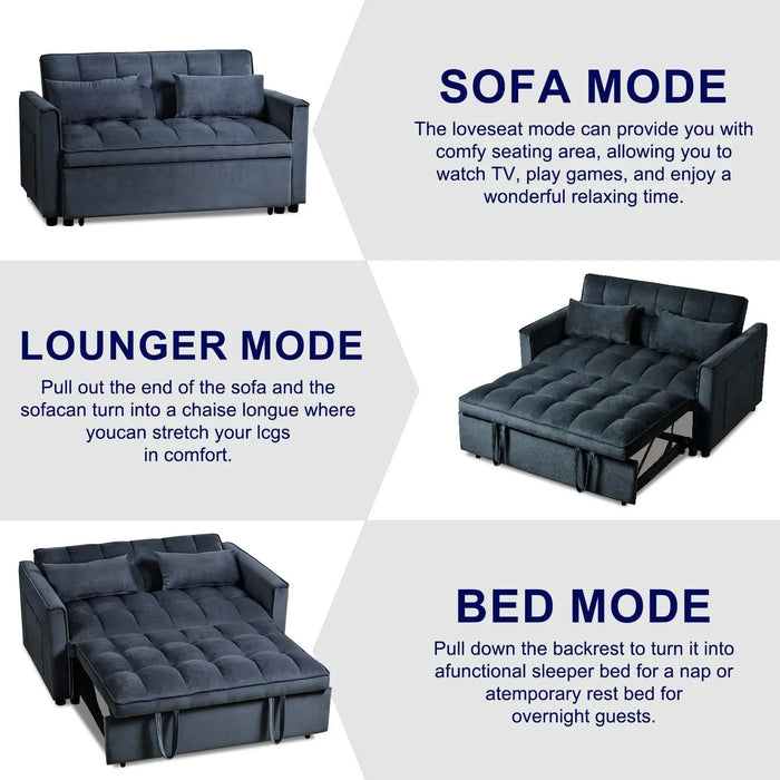 3 in 1 Convertible Sleeper Sofa Bed, Modern Pull Out Couch Bed, Adjustable Backrest, Velvet Loveseat Futon Sofa with Pillows & Pockets for Living Room Apartment, Black Default -DTYStore