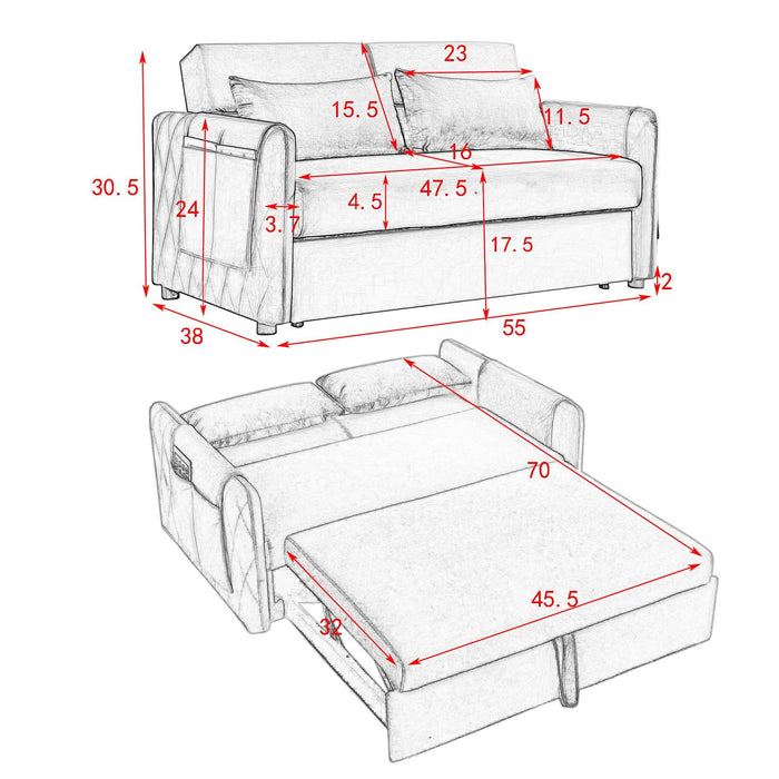 55" Modern Convertible Sofa Bed with 2 Detachable Arm Pockets, Velvet Loveseat Sofa with Pull Out Bed, 2 Pillows and Living Room Adjustable Backrest, Grid Design Armrests - DTYStore