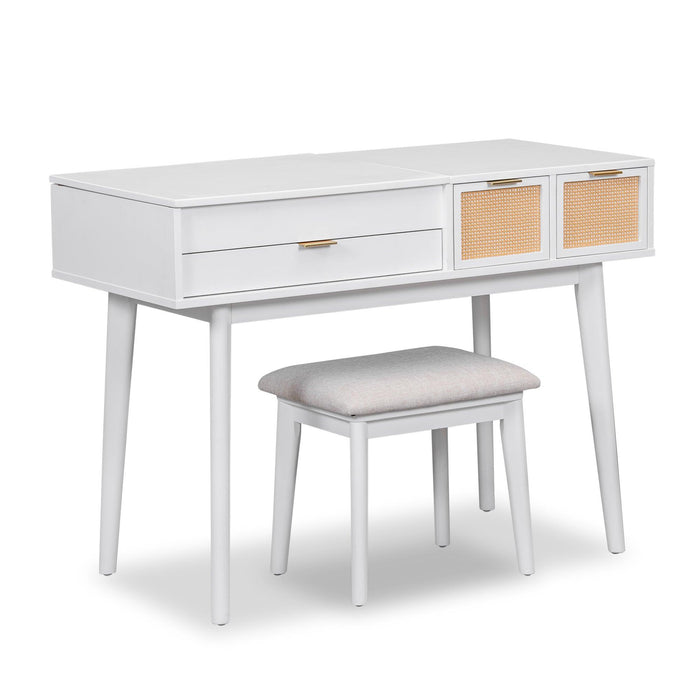 43.3" Classic Wood Makeup Vanity Set with Flip-top Mirror and Stool, Dressing Table with Three Drawers and storage space, White - DTYStore