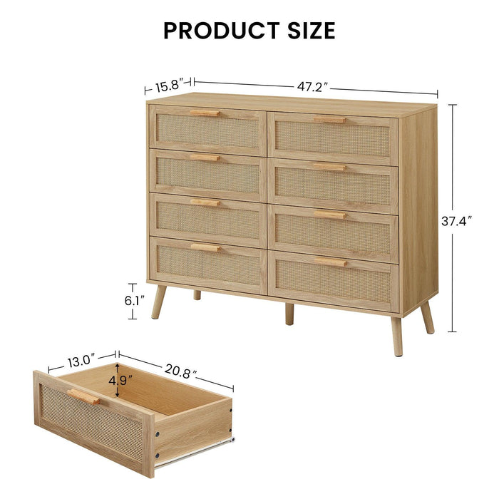 Bedroom dresser, 8 Double Dresser with rattan drawers, wood chest of drawers for kids room, living room, entry and hallway, Natural, 47.2''W x 15.8''D x 37.4''H. - DTYStore