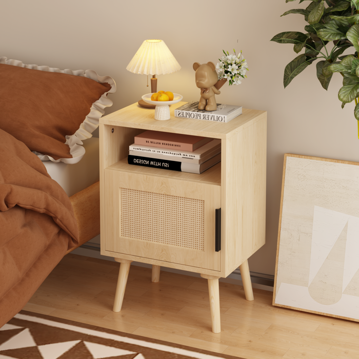 22.83'' H Rattan Nightstand, Side Table with Door Open Shelf, Accent Bedside End Table with Solid Wood Legs for Bedroom, Dorm and Small Spaces, Oak