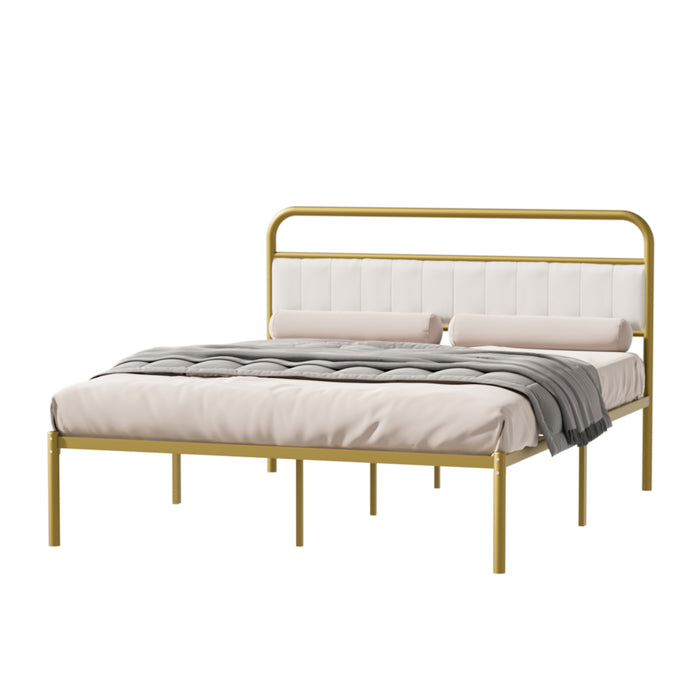 Metal Steel Platform Bed Frame with Upholstered Headboard cushion (Queen Size) - Gold