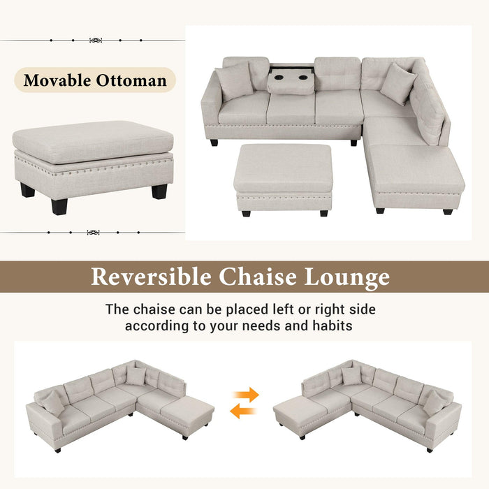 105" Modern Sectional Sofa with Storage Ottoman, L-Shape Couch with 2 Pillows and Cup Holder,Sectional Sofa with Reversible Chaise for Living Room,Light Gray - DTYStore